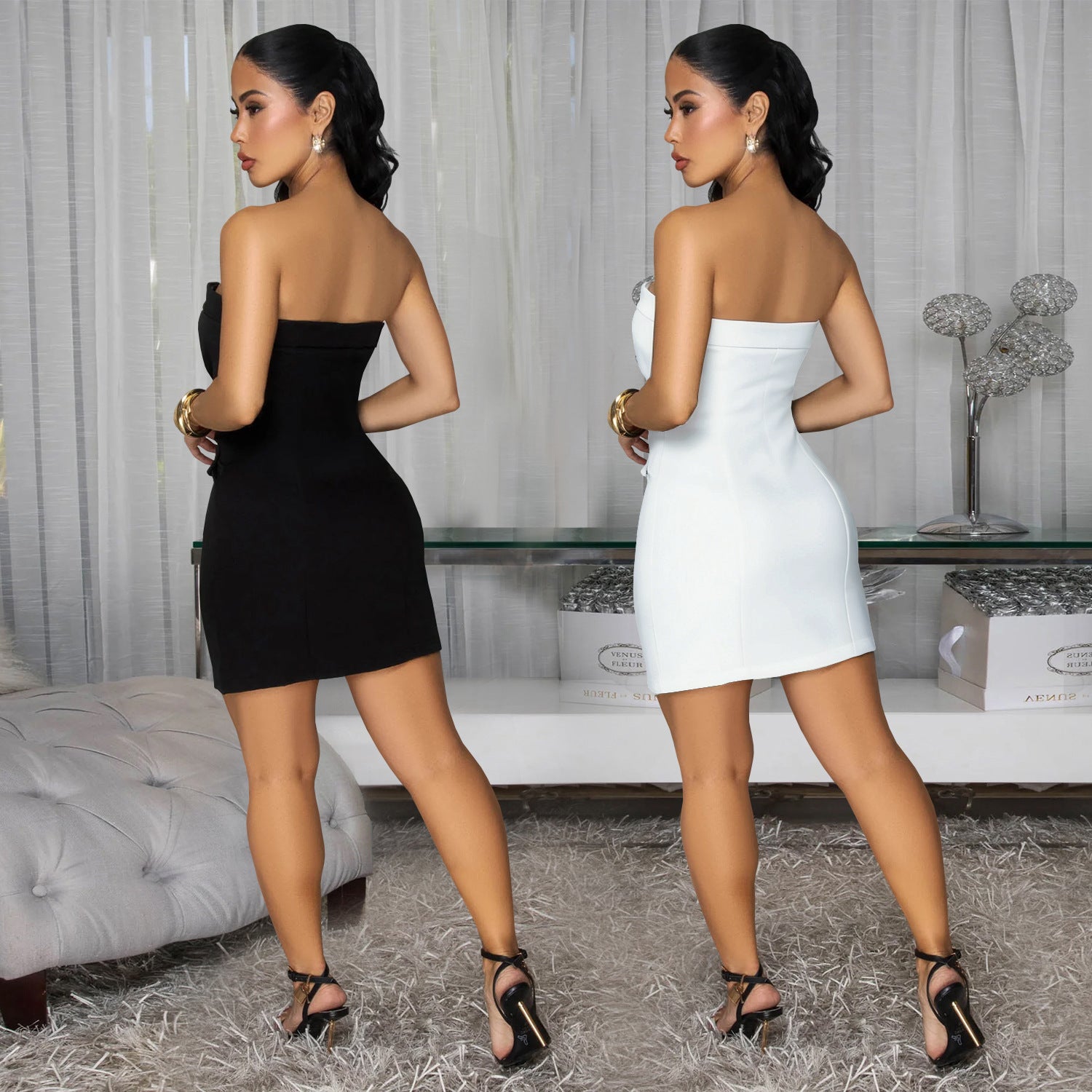 Woman wearing Strapless Backless Double-Breasted A-Line Dress in an elegant setting