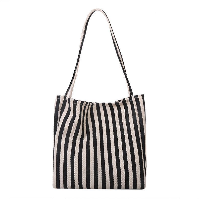 Women's Minimalist Stripe Canvas Large Capacity Shoulder Tote Bag – Back View | TajStylo