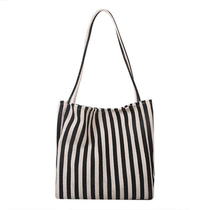 Women's Minimalist Stripe Canvas Large Capacity Shoulder Tote Bag – Back View | TajStylo