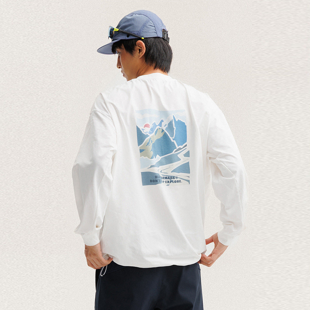 Woman wearing Landscape Oil Painting Printed Long Sleeve Shirt in an urban setting