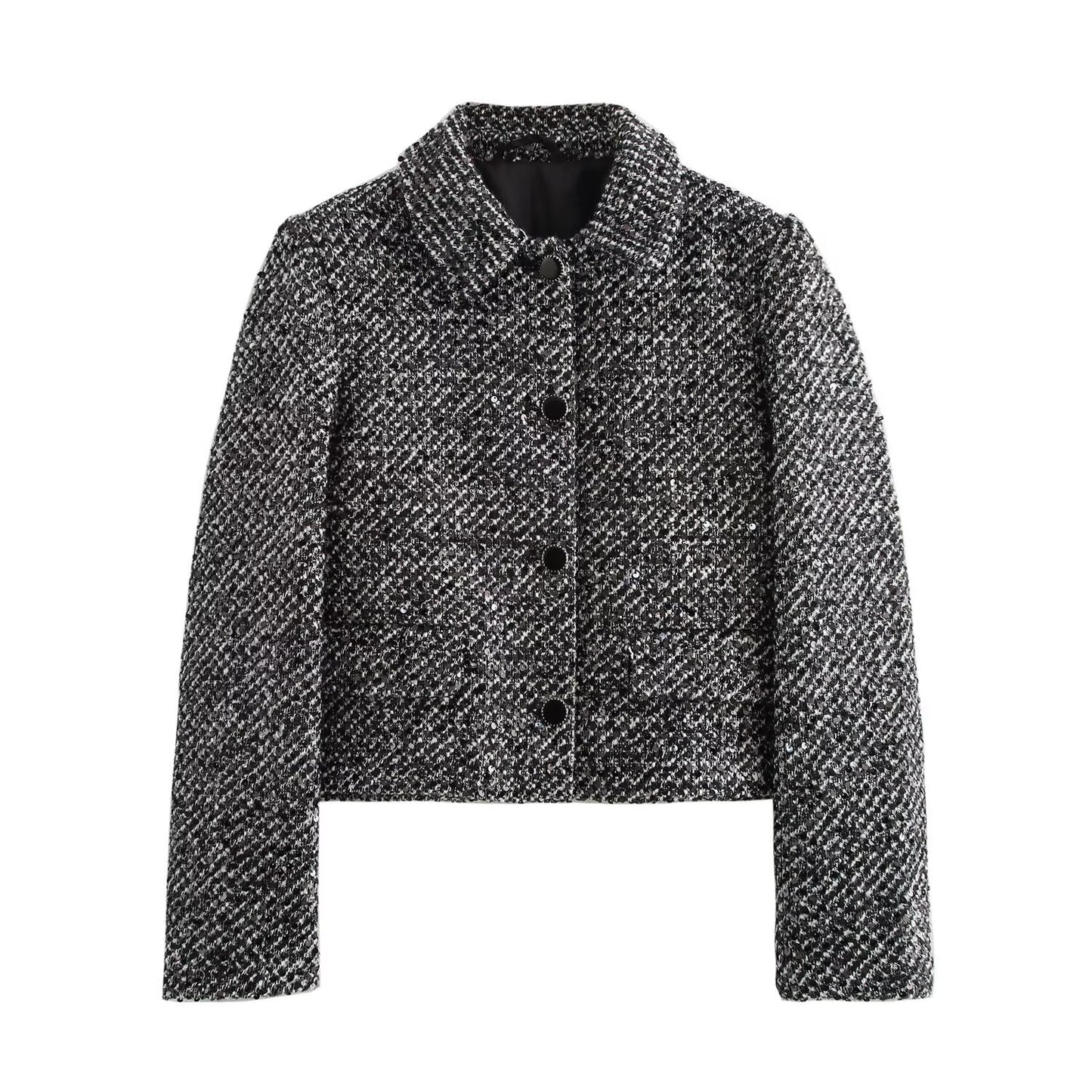 Woman wearing Sequin Patterned Casual Jacket in a stylish urban setting