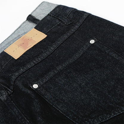 Woman wearing Two Color Block Denim Straight Leg Pants in a casual setting
