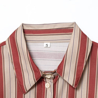 Woman wearing Back Strap Striped Shirt in a casual setting