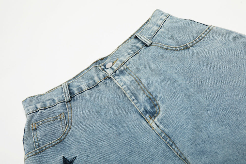 Five Pointed Star Embroidered Denim Cargo Pants | Tajstylo