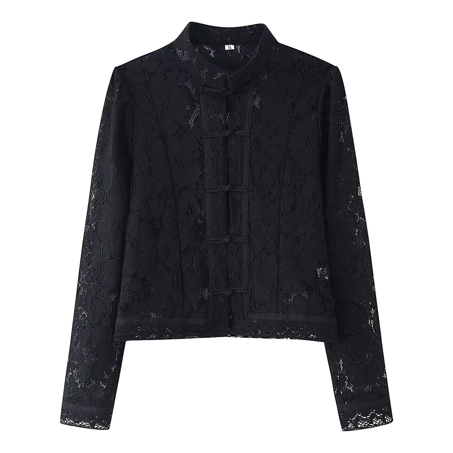 Buckle Embellished Lace Crochet Stand Collar Slim Fit Shirt | Tajstylo