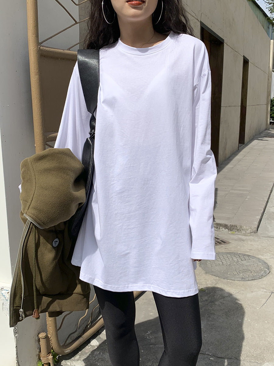 Solid Color Side Slit Long Sleeve T-Shirt | Tajstylo