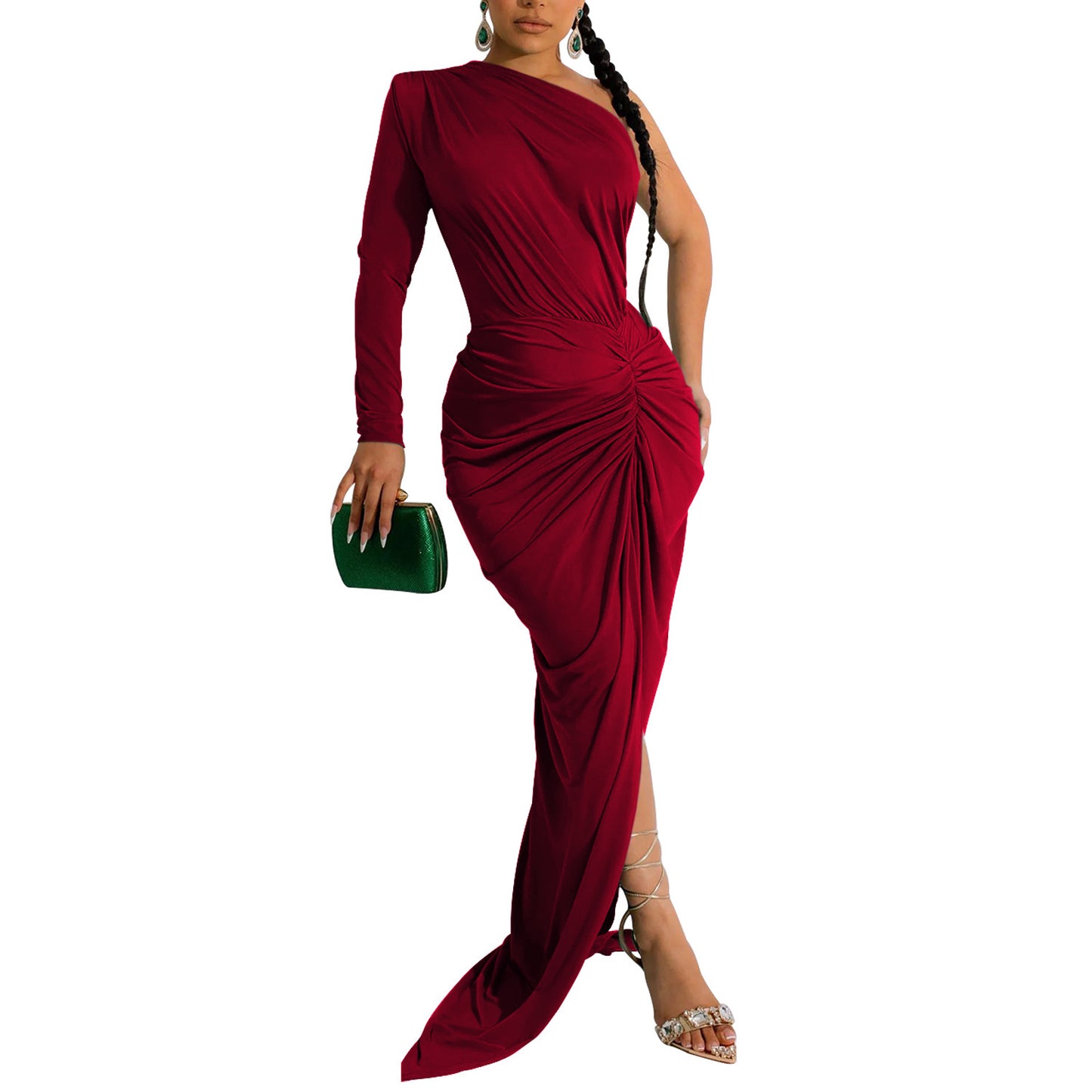 Woman wearing Asymmetric Neck Single Long Sleeve Maxi Dress in a stylish setting