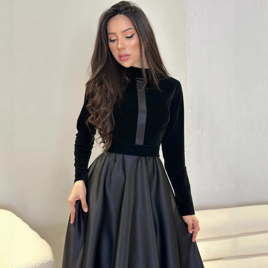 Round Neck Long Sleeve Velvet Dress | Tajstylo