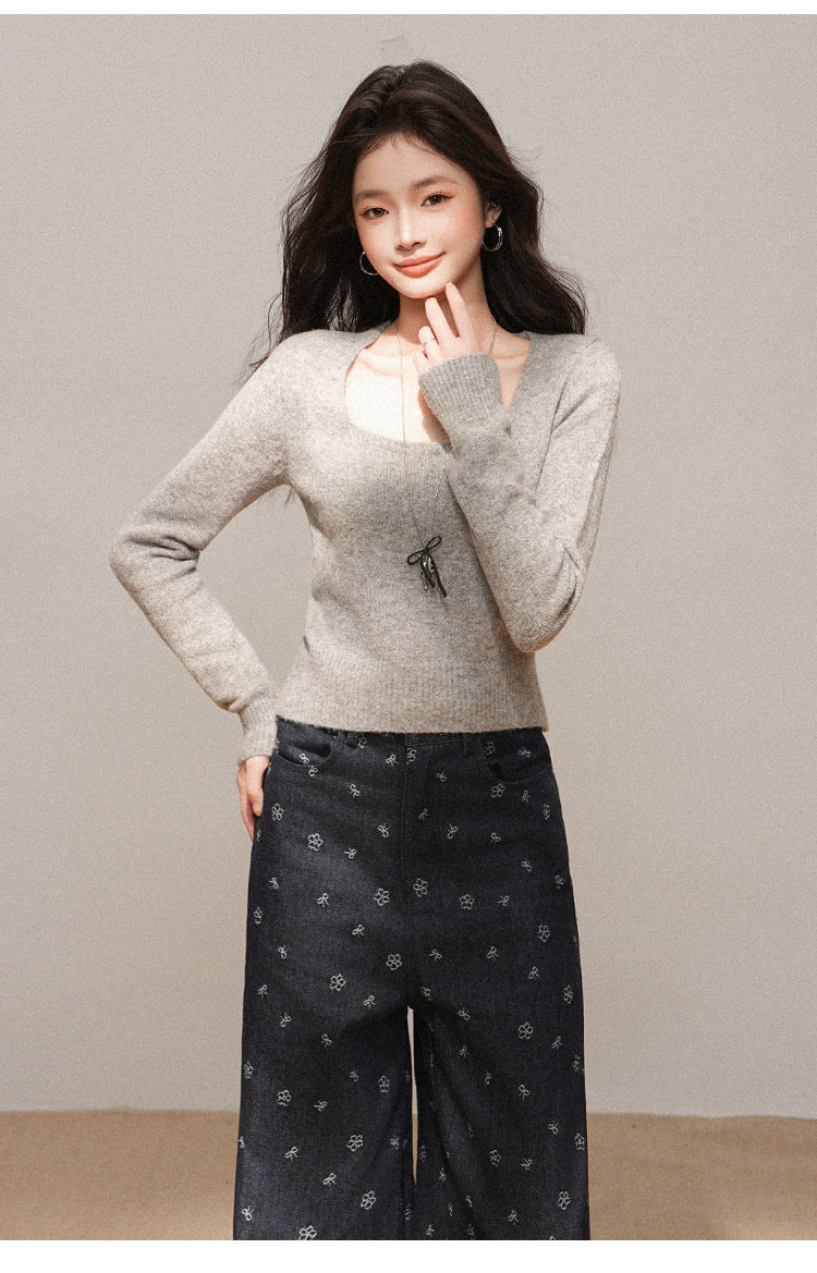 Short Knit Sweater with Square Neck | Tajstylo