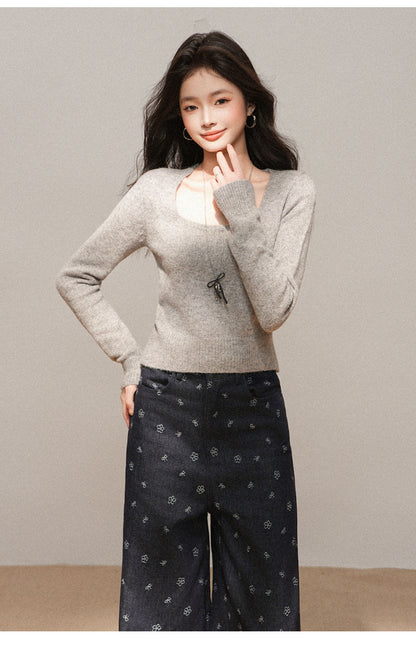 Short Knit Sweater with Square Neck | Tajstylo