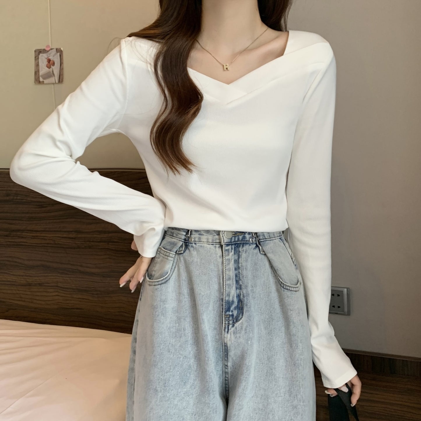 V Neck Long Sleeve Fleece Top | Tajstylo