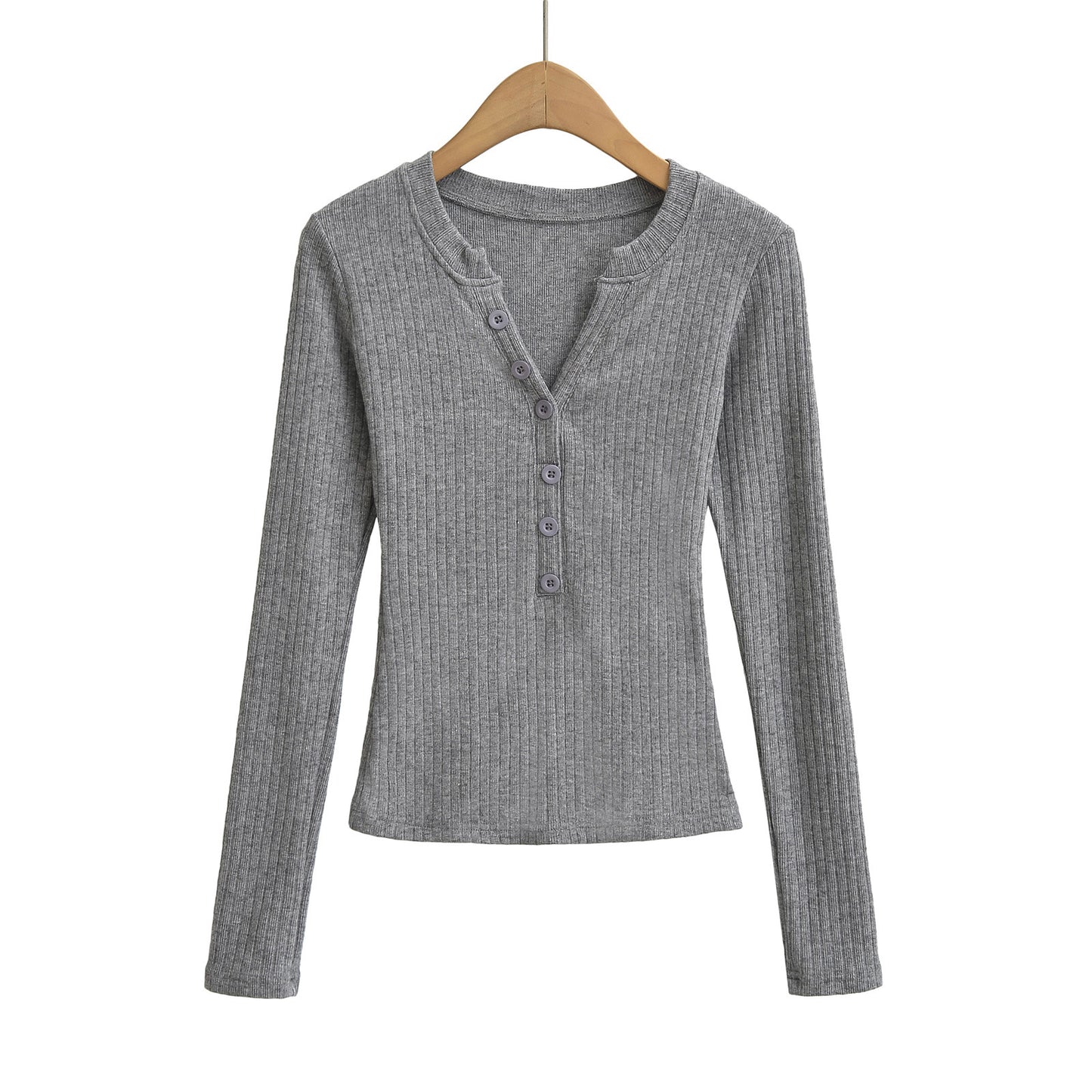 Woman wearing Women's V Neck Long Sleeve Slim Top in a casual setting