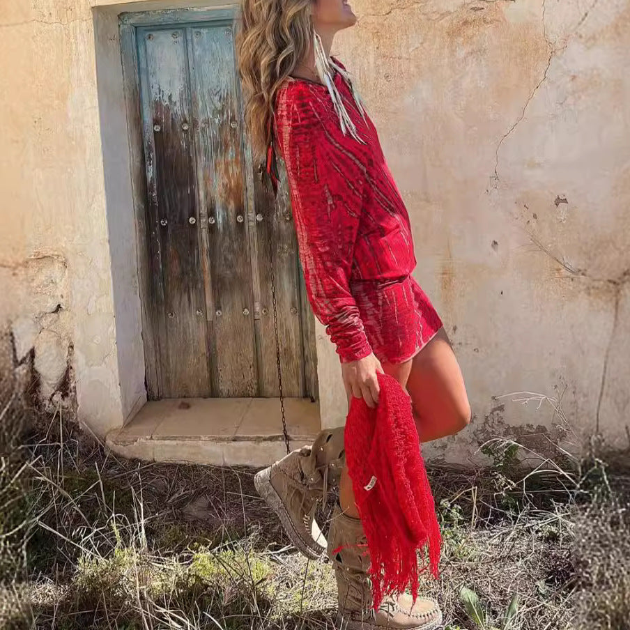 Woman wearing One-Shoulder Batwing Sleeve Bodycon Mini Dress in a vibrant setting