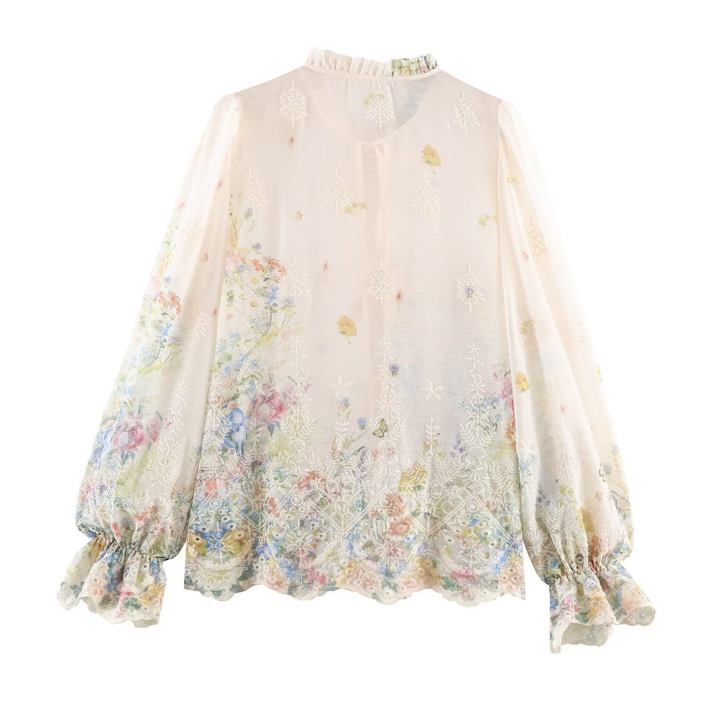 Woman wearing Embroidered Lantern Sleeve Shirt with Lace-Up Tie in a stylish setting