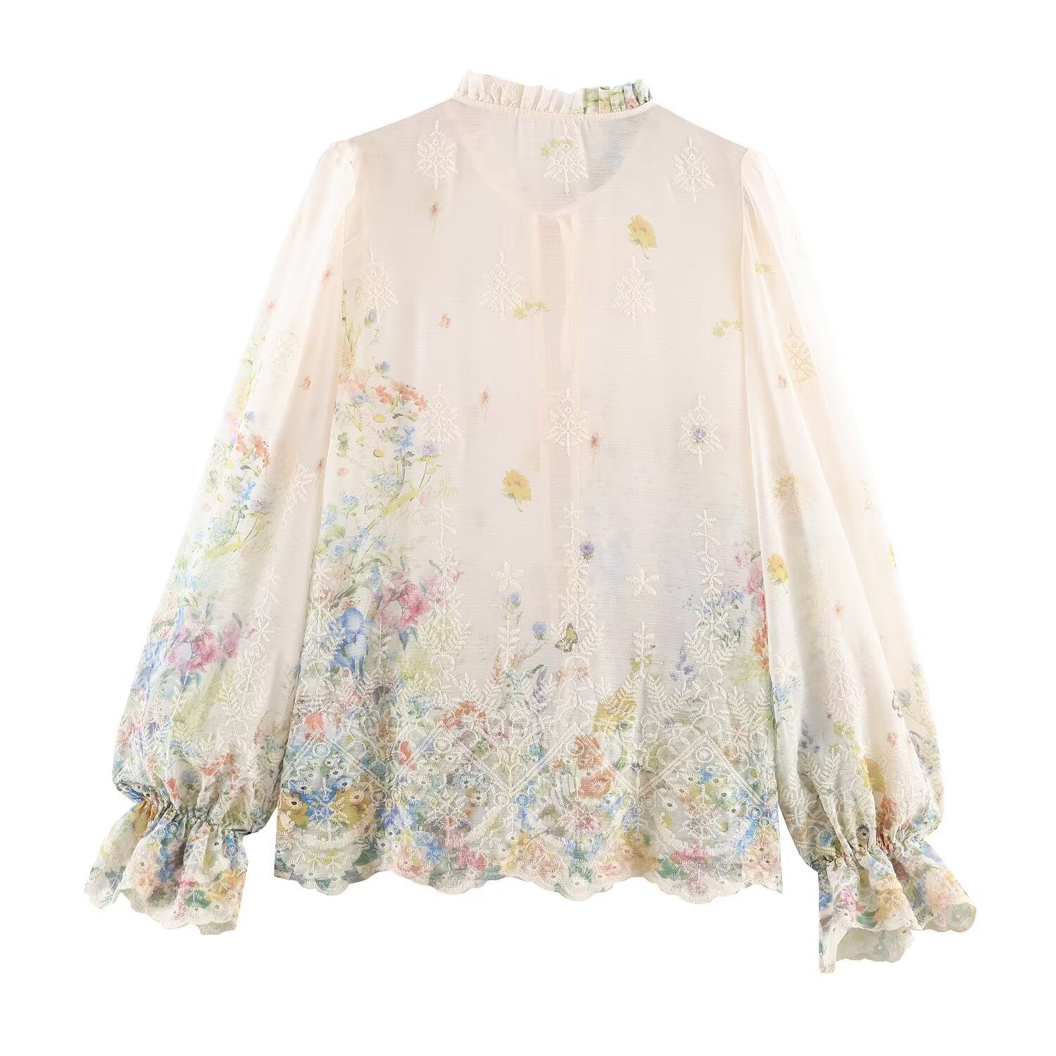 Woman wearing Embroidered Lantern Sleeve Shirt with Lace-Up Tie in a stylish setting