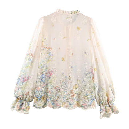 Woman wearing Embroidered Lantern Sleeve Shirt with Lace-Up Tie in a stylish setting