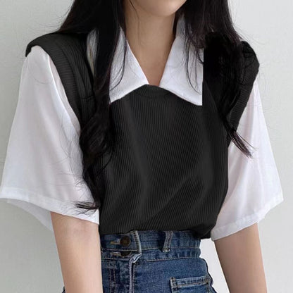 Two Tone Polo Neck Short Sleeve Top | Tajstylo