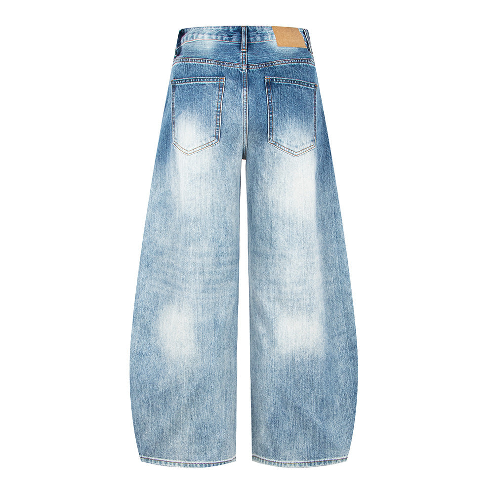 Woman wearing Vintage Bamboo Texture Loose Fit Jeans in a city setting