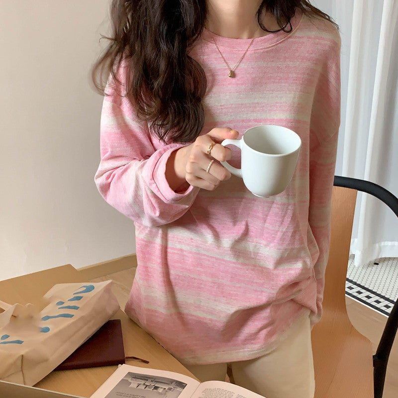 Woman wearing Casual Stripe Long Sleeve T-Shirt in a casual setting
