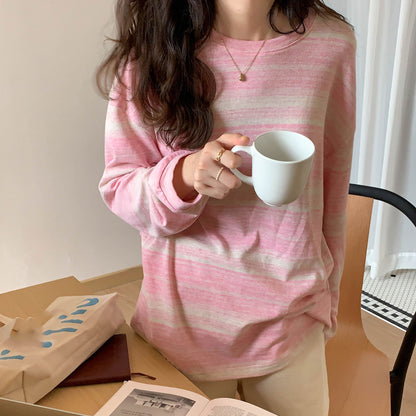 Woman wearing Casual Stripe Long Sleeve T-Shirt in a casual setting