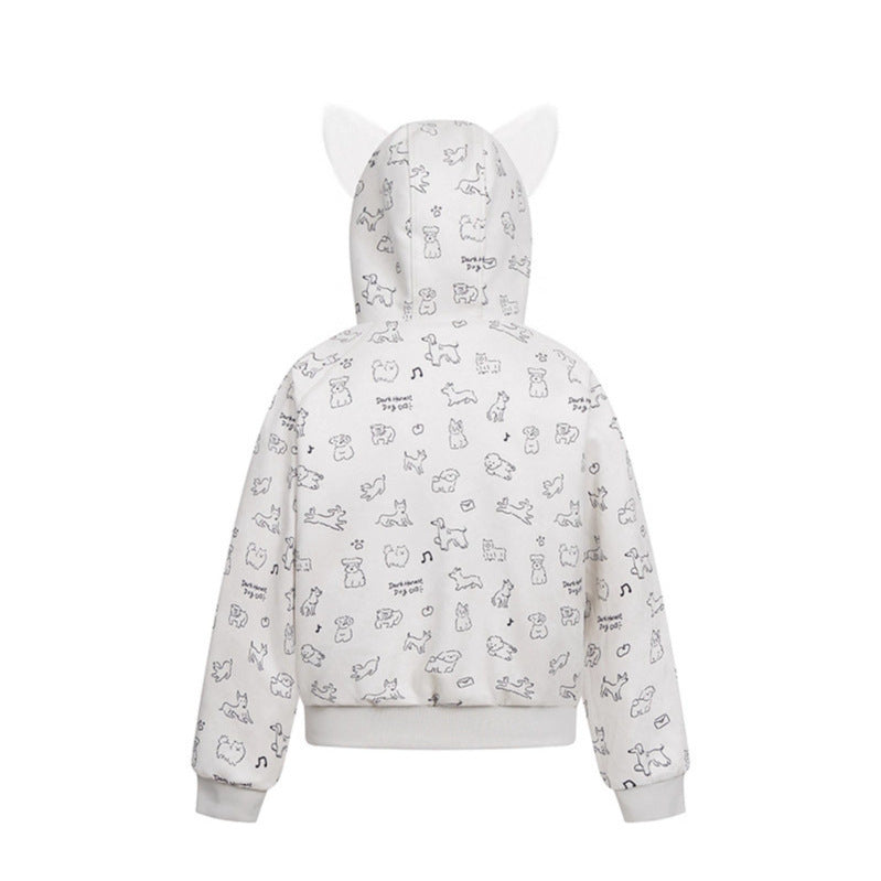 Woman wearing Cartoon Dog Hooded Fleece Coat in a winter setting