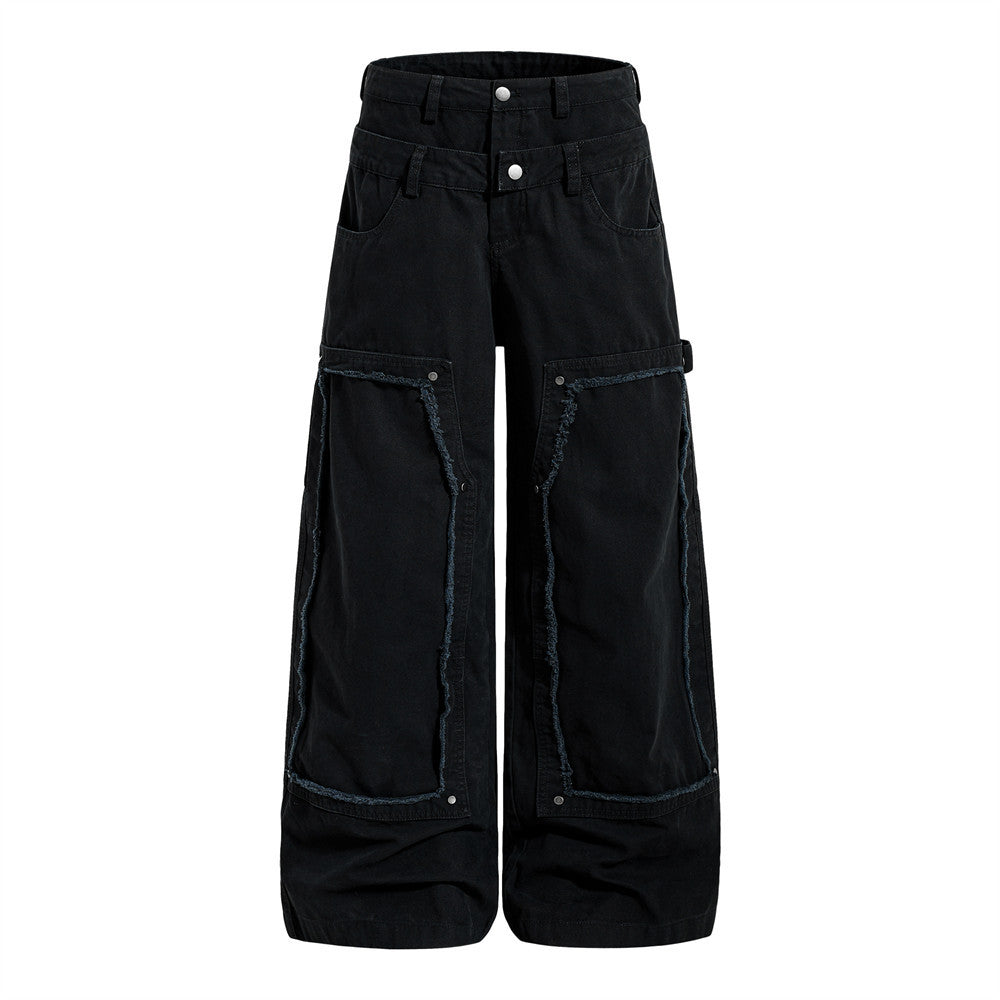 Woman wearing Fake Two Piece Spliced Denim Wide Leg Pants in a stylish urban setting