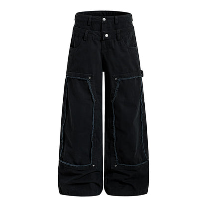 Woman wearing Fake Two Piece Spliced Denim Wide Leg Pants in a stylish urban setting
