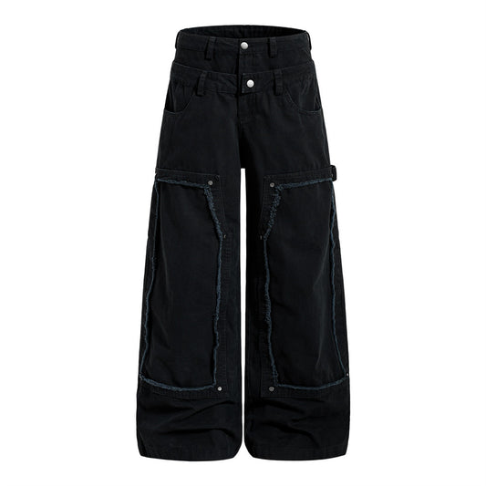 Woman wearing Fake Two Piece Spliced Denim Wide Leg Pants in a stylish urban setting