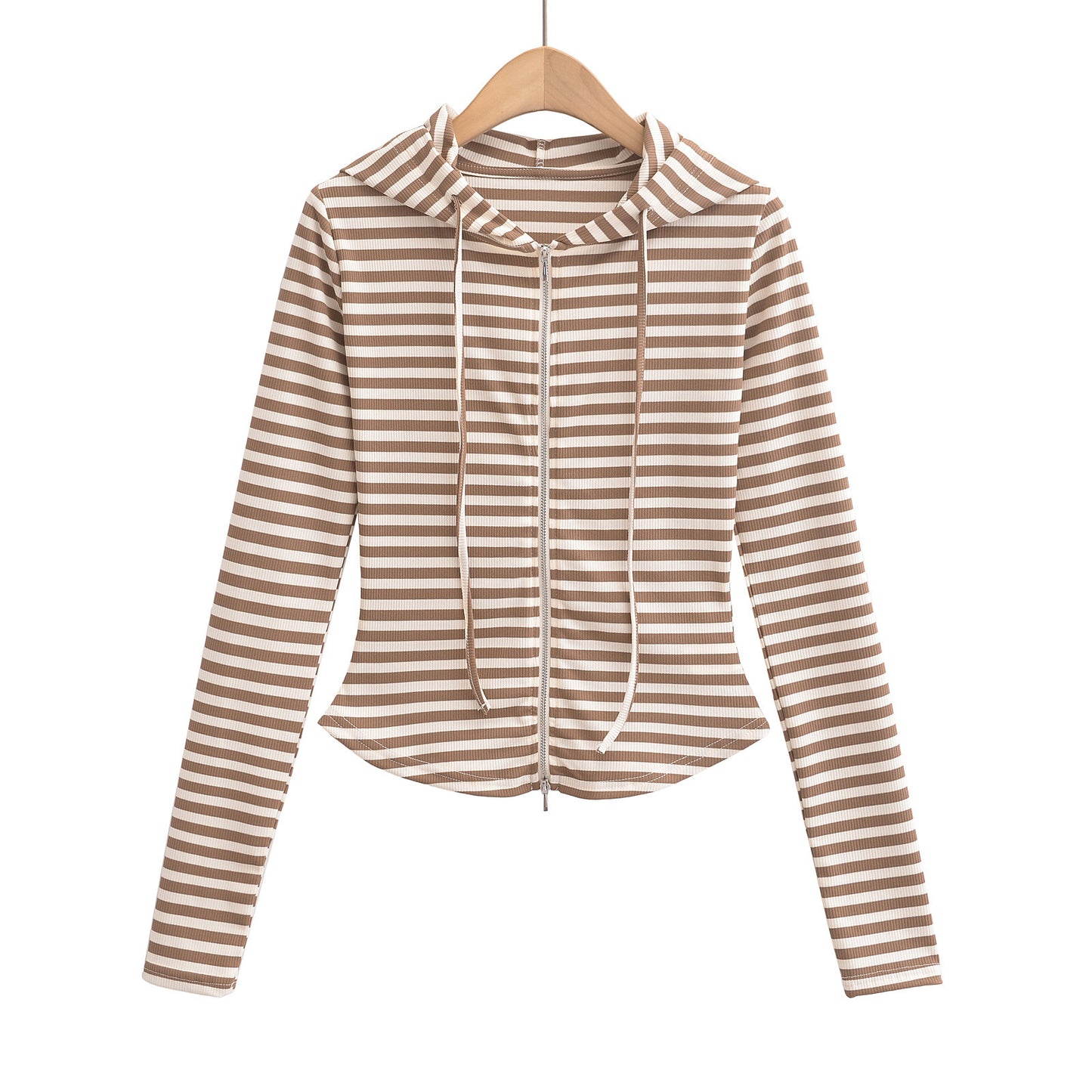 Woman wearing Hooded Stripe Half-Zip Cardigan in a casual setting