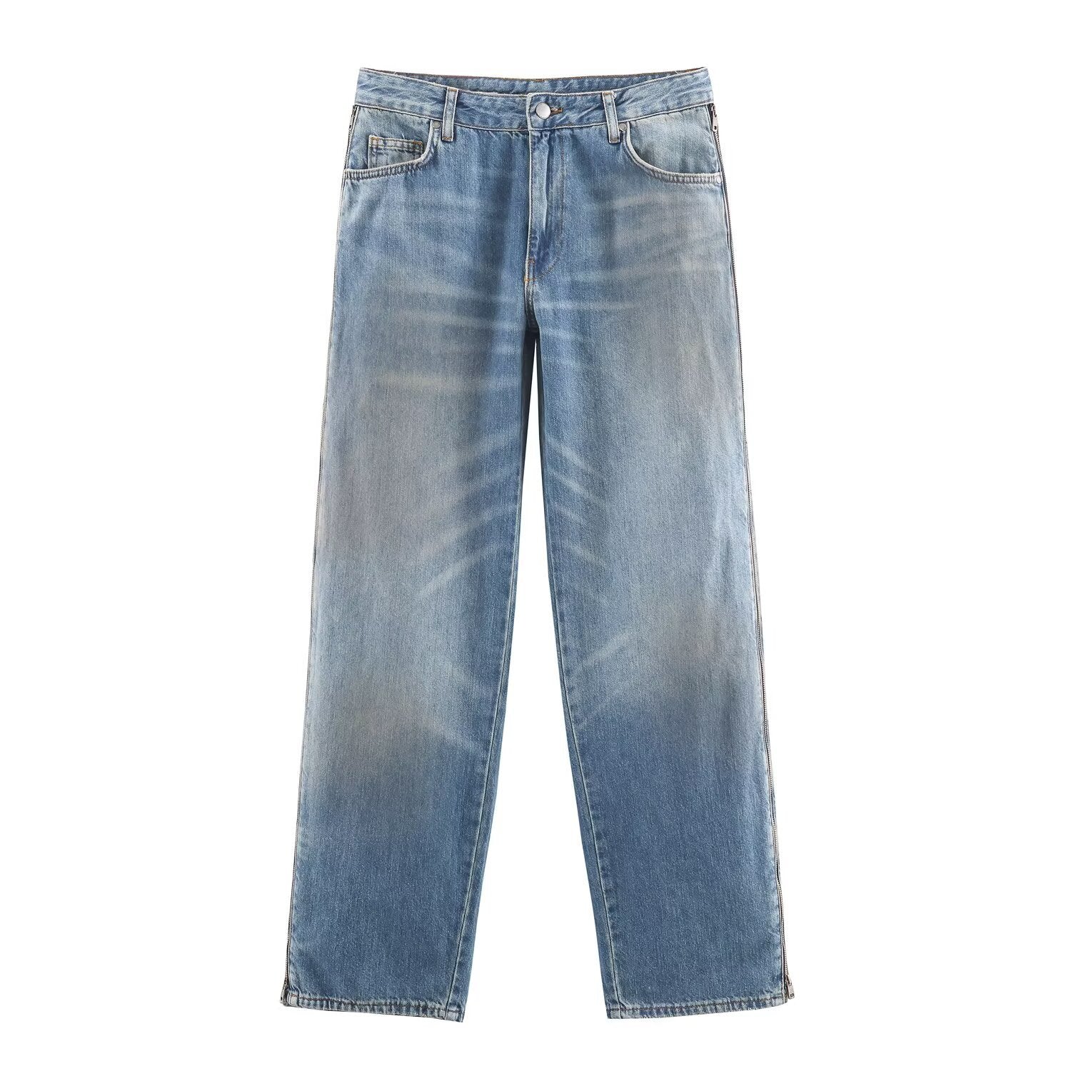 Woman wearing Mid Waist Zipper Jeans in a casual setting