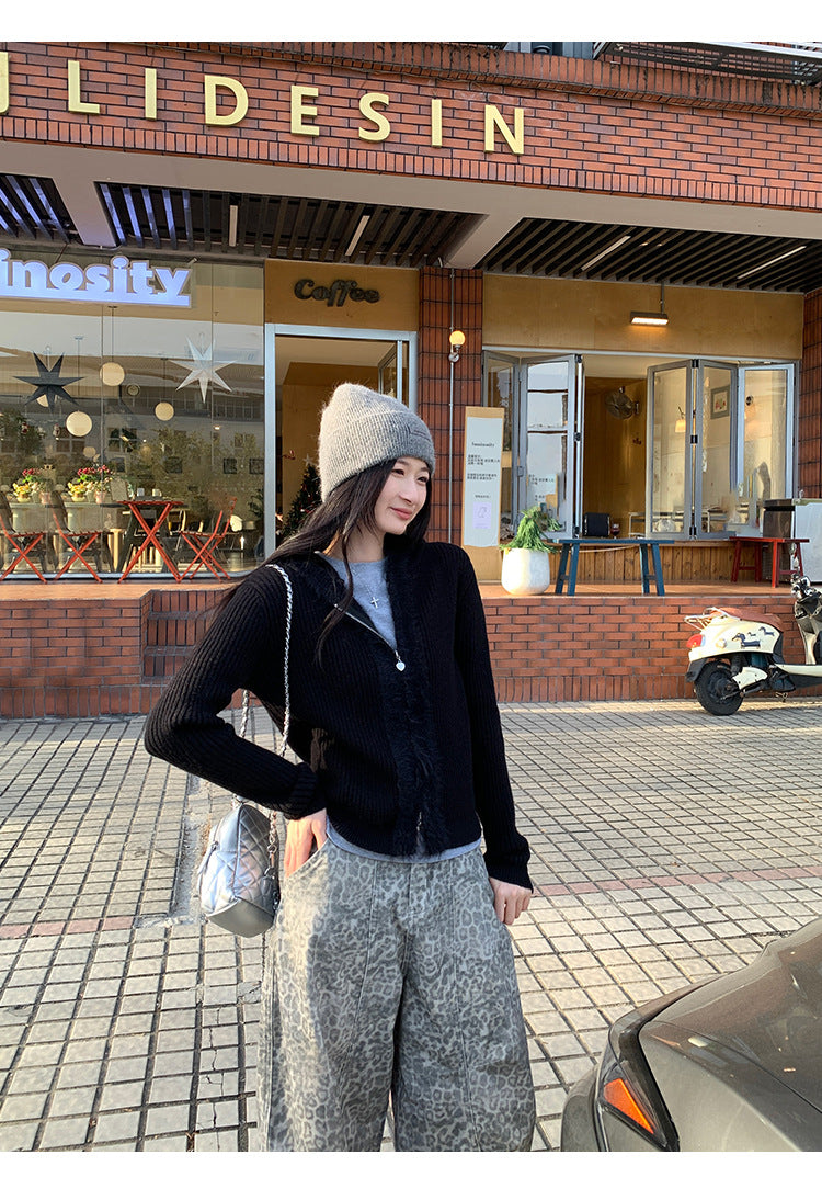 Hooded Knit Cardigan with Fur Collar | Tajstylo