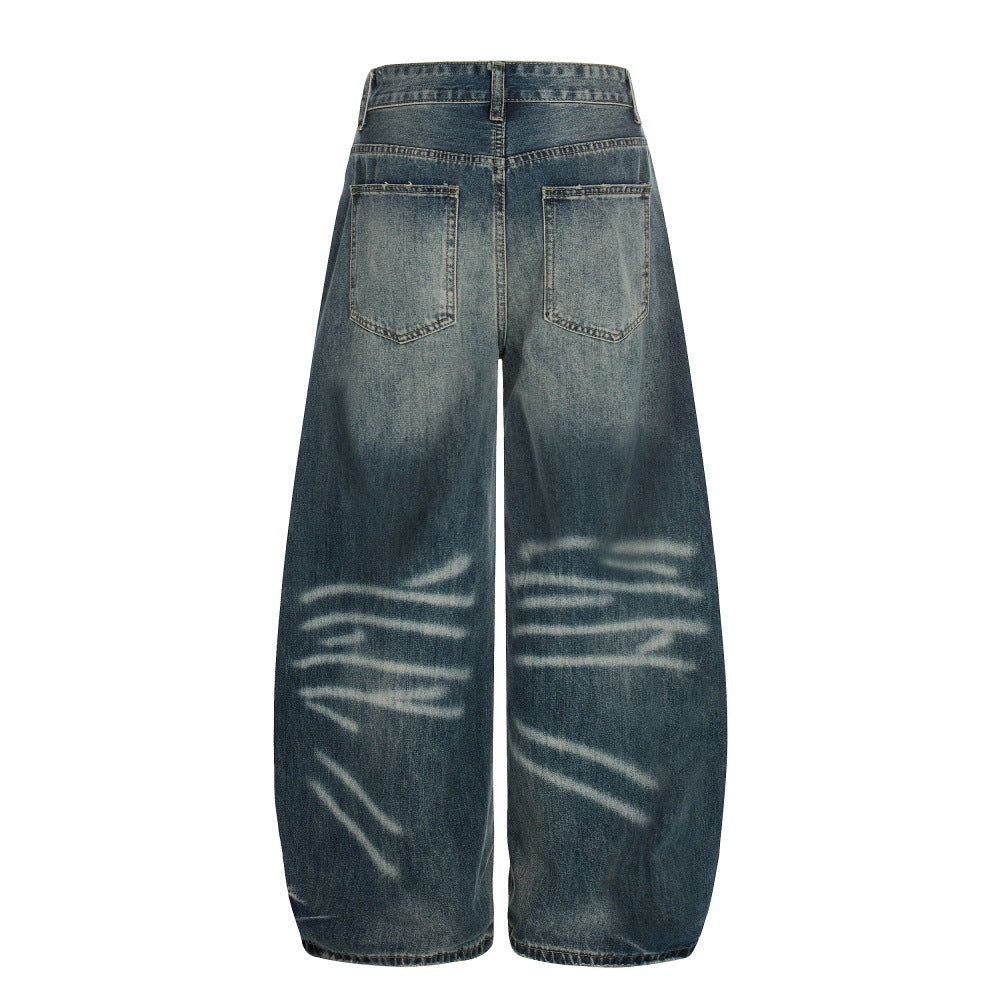Woman wearing Loose Fit Distressed Blue Denim Jeans in a casual setting