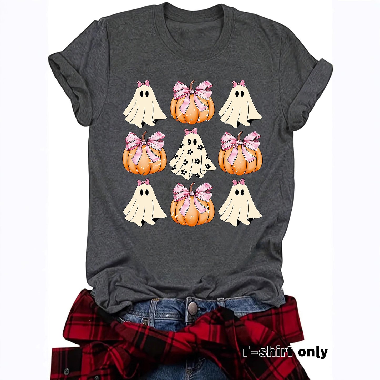 Woman wearing Funny Coquette Bow Pumpkin T-Shirt in a casual setting