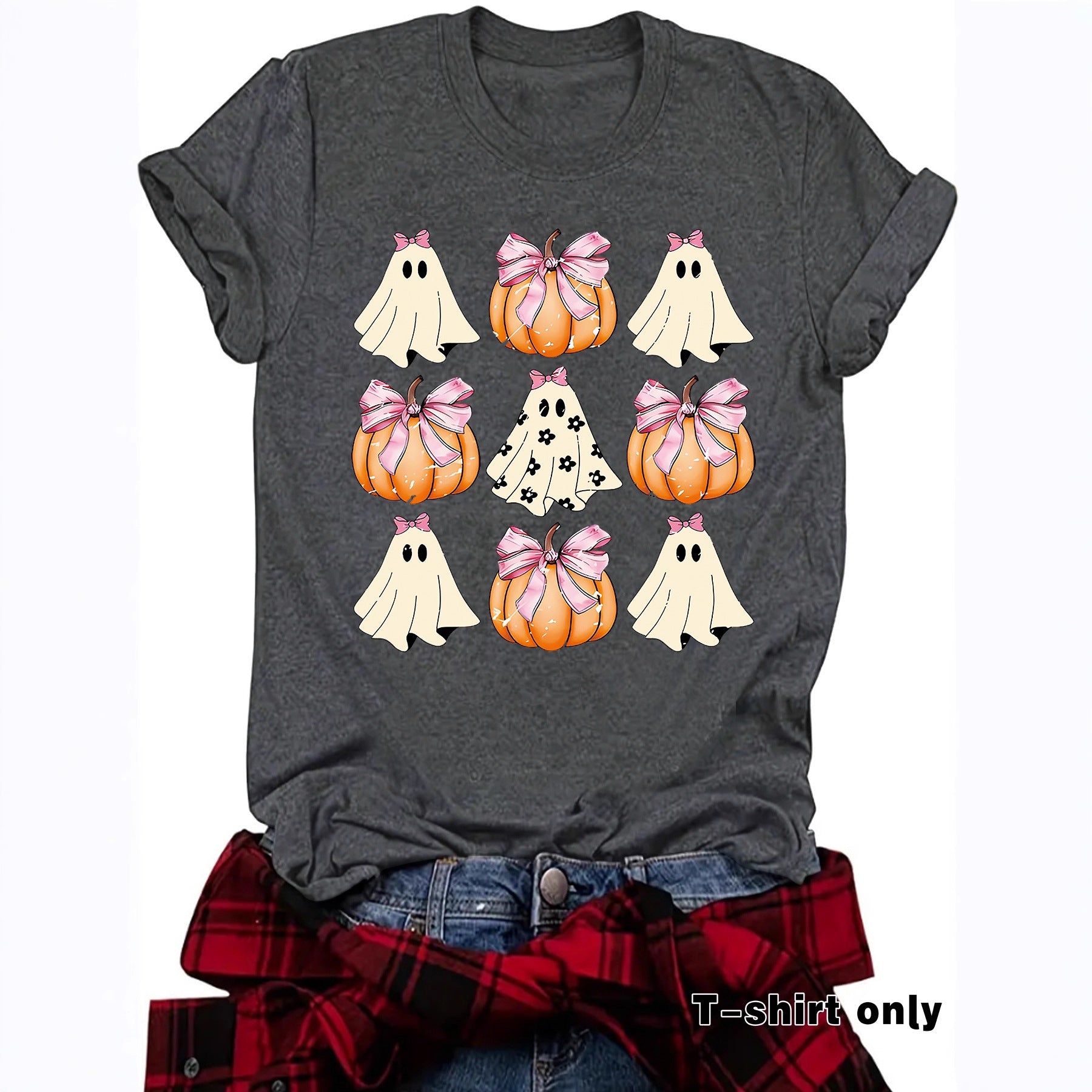 Woman wearing Funny Coquette Bow Pumpkin T-Shirt in a casual setting