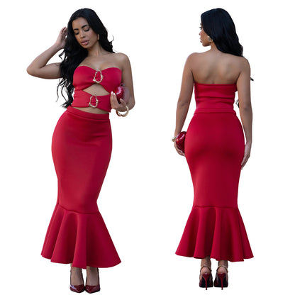 Strapless Lace Trim Top and Bodycon Skirt Set | Tajstylo