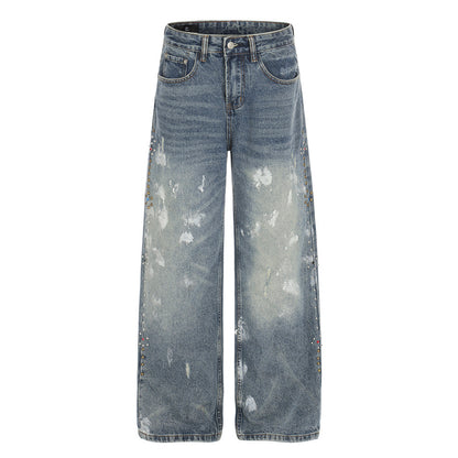 Woman wearing Distressed Blue Punk Straight Fit Jeans in urban setting