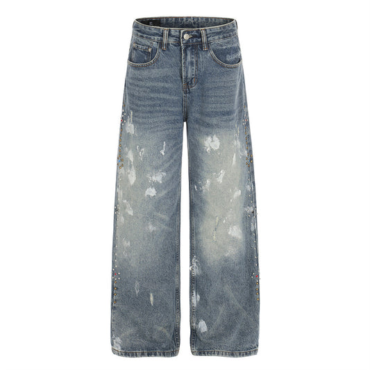 Woman wearing Distressed Blue Punk Straight Fit Jeans in urban setting