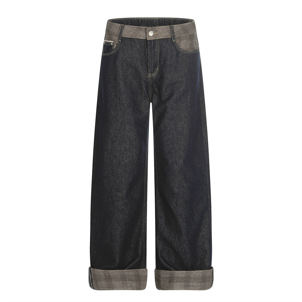 Woman wearing Splicing Denim Straight Leg Pants in urban setting