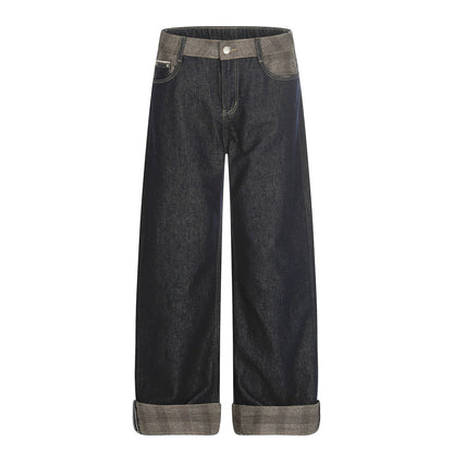 Woman wearing Splicing Denim Straight Leg Pants in urban setting