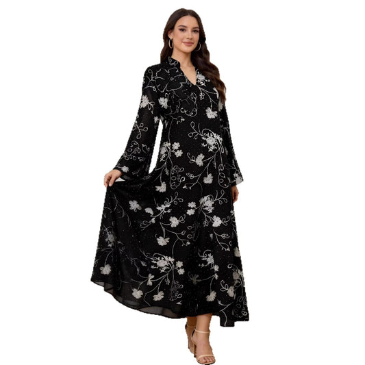 V-Neck Embroidered Long Sleeved Dress | Tajstylo