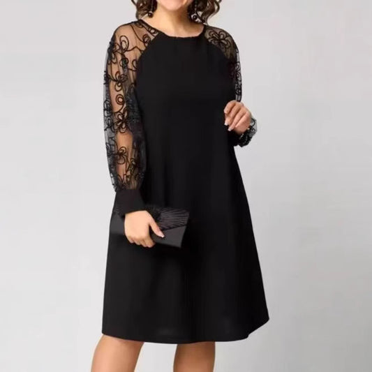 Woman wearing Chic Patchwork Lace A-line Dress in an elegant setting