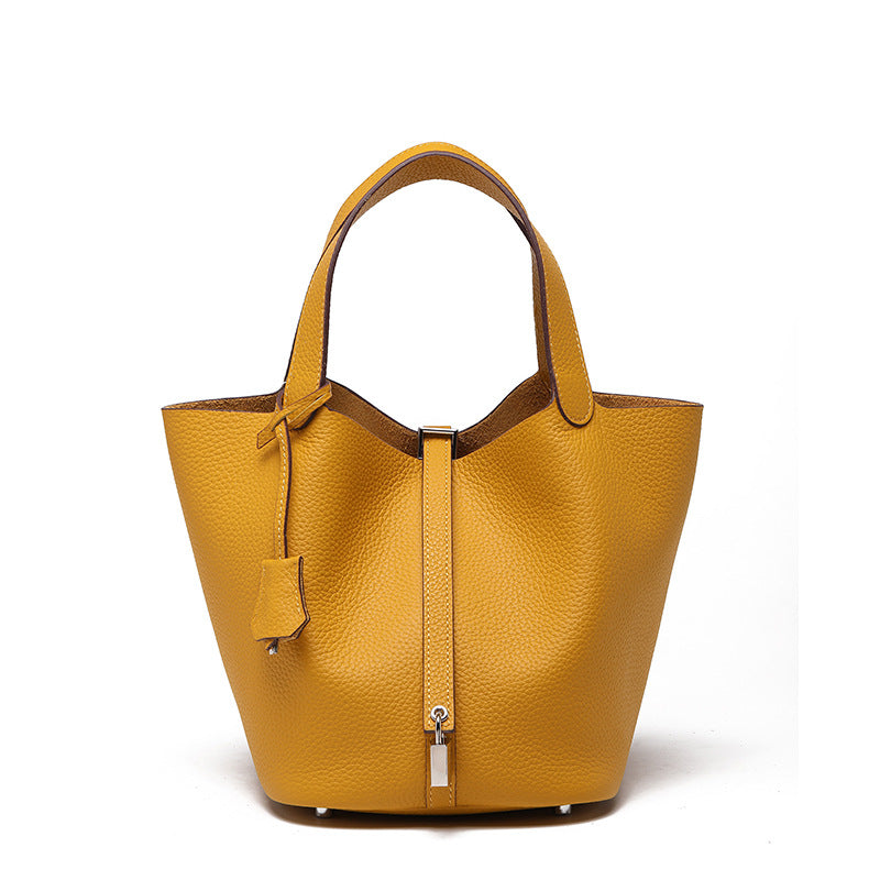 Women's Top Grain Cowhide Leather Bucket Bag – Model View | TajStylo