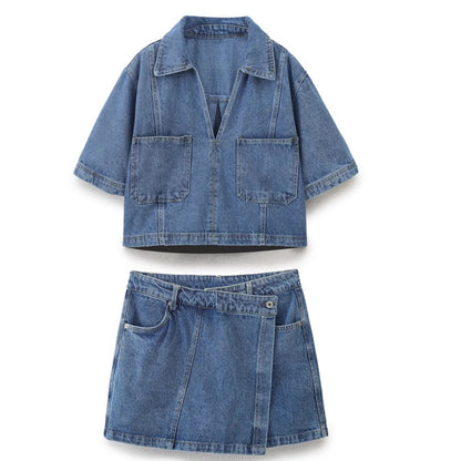Woman wearing Short Denim Shirt for Women in a casual setting