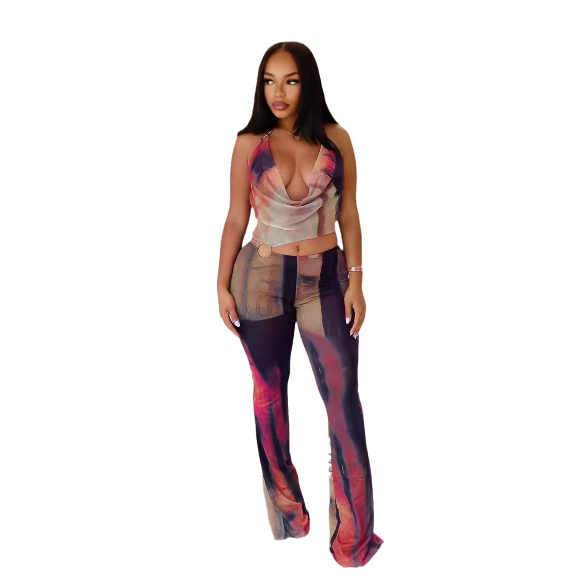 Woman wearing Flattering Mesh Printed Jumpsuit in an urban setting