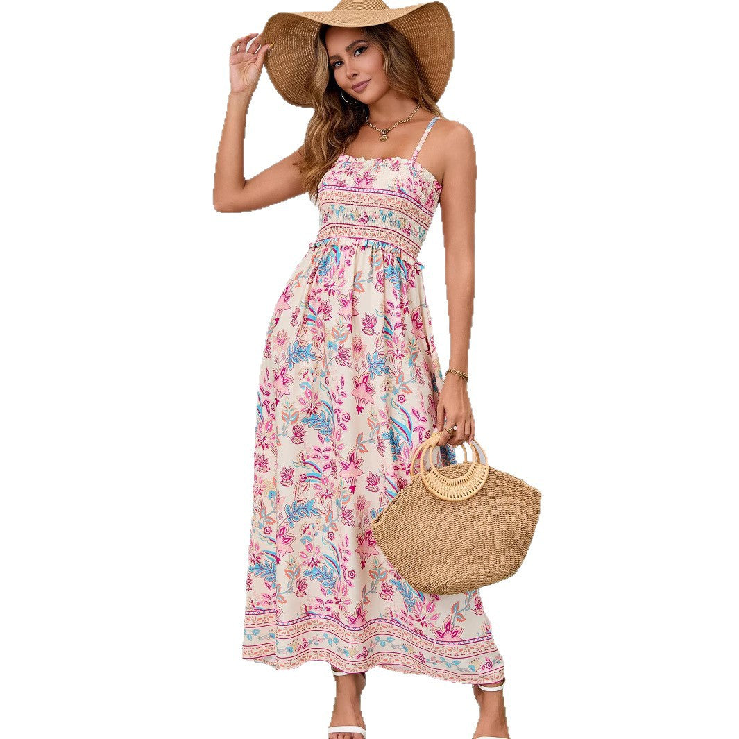 Woman wearing Bohemian Sleeveless Tie-up Backless Maxi Dress in a beach setting