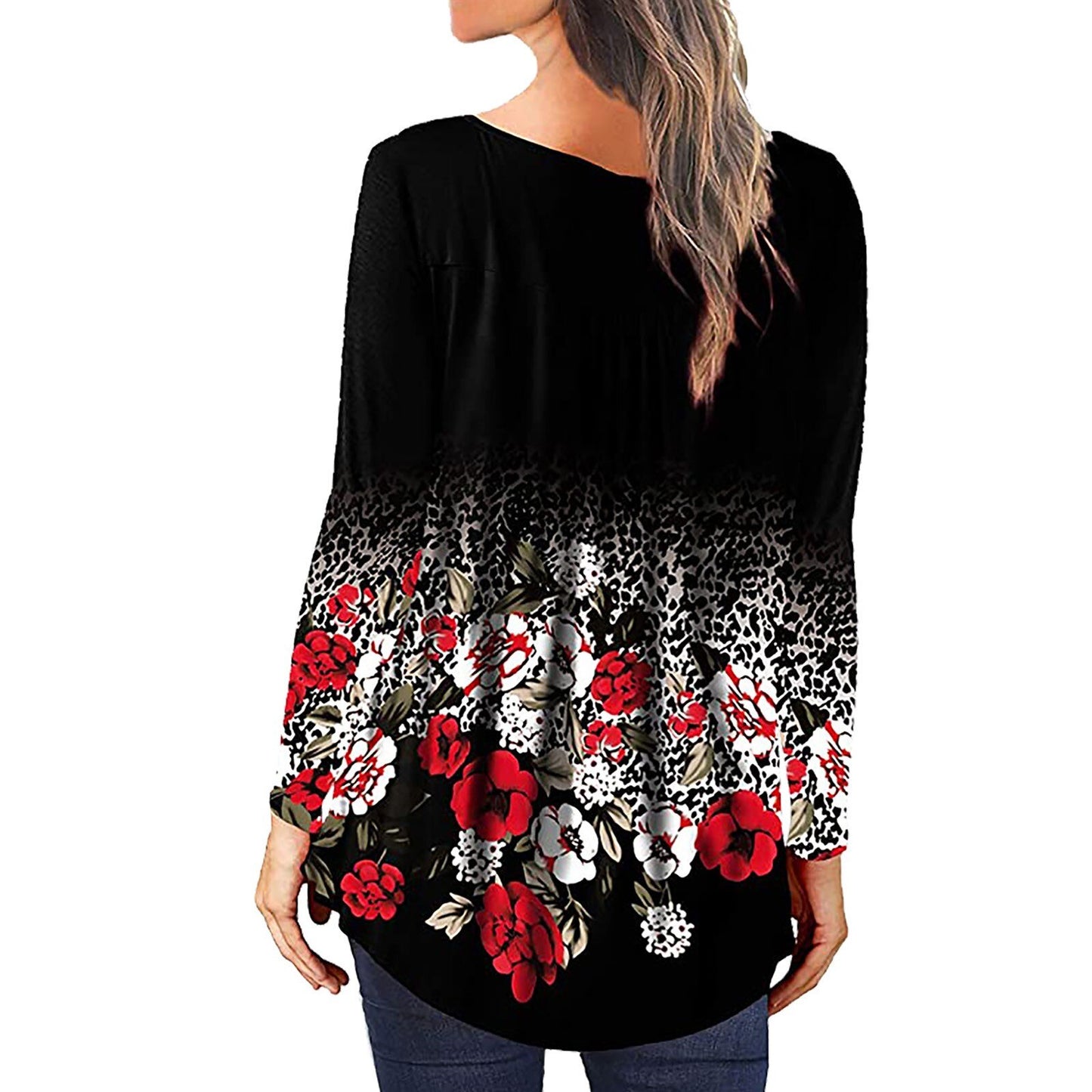 Woman wearing Floral Printed Tunic Shirt in a spring setting