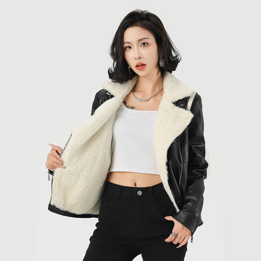 Woman wearing Thick Faux Leather Coat Jacket in winter setting