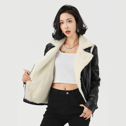 Woman wearing Thick Faux Leather Coat Jacket in winter setting