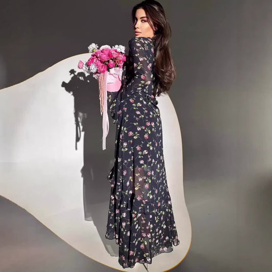Asymmetrical Chiffon Dress with Ruffle Sleeves | Tajstylo