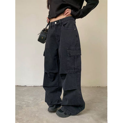 Woman wearing Street Style Cargo Denim Pants in an urban setting